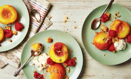 Thomasina Miers’ peach melba with sweetened ricotta, amaretti and raspberries.