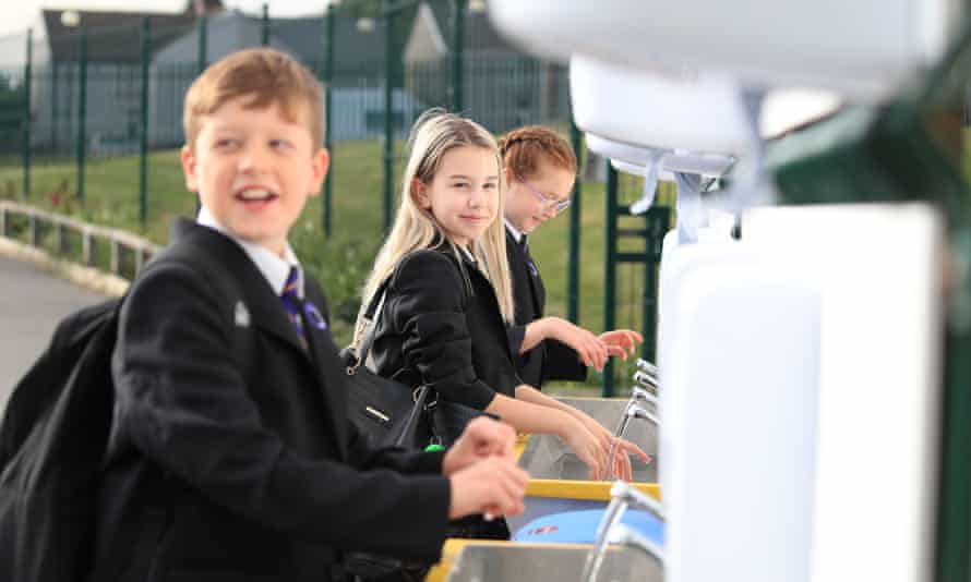 Pupils washing their hands earlier today on the first day back to school at Outwood Academy Adwick in Doncaster.