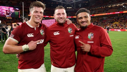 The Scotland trip Huw Jones, Finn Russell and Sione Tuipulotu pose together after the Lions won the first Test