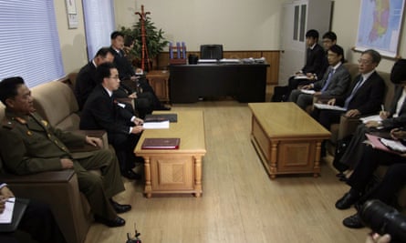 A Japanese delegation (right) in Pyongyang during talks over a special investigation into North Korean abductions in 2014.