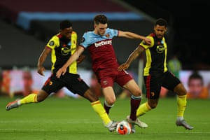 Declan Rice battles for possession with Watford’s Nathaniel Chalobah and Andre Gray.