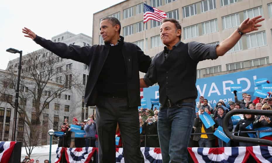 Barack Obama and Bruce Springsteen during a rally in Madison, Wisconsin, during the 2012 presidential campaign