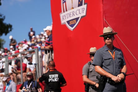 New York state park police watch the crowd at the Ryder Cup tournament on the Bethpage Black golf course.