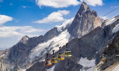 Cable cars of the Meije Glacier in Ecrins National Park in Summer. Hautes-Alpes, Alps, France<br>K1BRK2 Cable cars of the Meije Glacier in Ecrins National Park in Summer. Hautes-Alpes, Alps, France