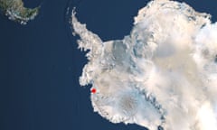 Globe South Pole, True Colour Satellite Image<br>Satellite view of Antarctica with the Thwaites glacier marked in red. True colour satellite image of the Earth, centred on Antarctica. The South Pole is at centre. Antarctica is a frozen continent, permanently covered in snow and ice. Surrounding Antarctica are the waters of the Southern Ocean, mixing with the Atlantic Ocean (upper centre), the Pacific Ocean (lower left) and the Indian Ocean (centre right). Around the edge of the hemisphere is New Zealand (lower centre), Australia (lower right), and the southern parts of Africa (upper right, the island of Madagascar is also seen) and South America (upper left). The image used data from LANDSAT 5 &amp; 7 satellites. Print size 42x42cm., Globe South Pole, True Colour Satellite Image (Photo by Planet Observer/Universal Images Group via Getty Images)