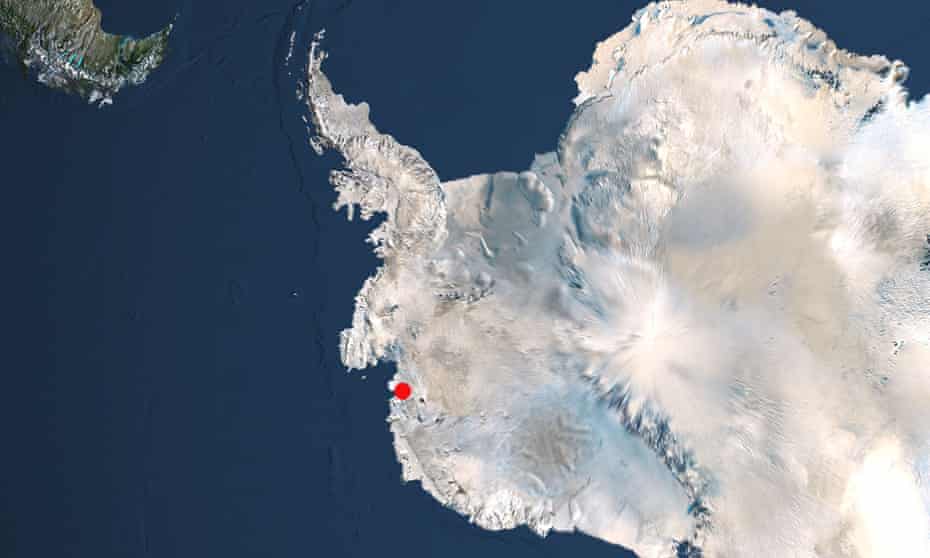 Satellite view of Antarctica with the Thwaites glacier marked in red.