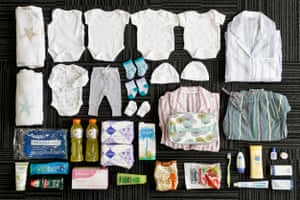 Katy’s bag: toiletries, snacks, nappies, hat, socks, mittens, clothes and swaddles for the baby, night dresses, maternity underwear, maternity pads and nursing pads, massage oils