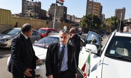 Italy’s ambassador to Egypt, Maurizio Massari, arrives outside a morgue where the body of Giulio Regeni was being held.