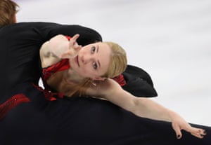 Evgenia Tarasova and Vladimir Morozov, Olympic athletes from Russia, perform in the pair skating short programme at the Gangneung ice arena