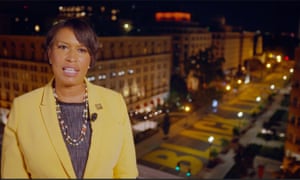 DC mayor Muriel Bowser speaking remotely at the Democratic National Convention in August, against a backdrop of the Black Lives Matter mural near the White House in Washington.