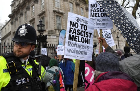 Anti-Meloni protesters outside Downing Street today.