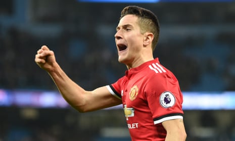 Ander Herrera celebrates Manchester United’s victory over Manchester City at the Etihad on Saturday.