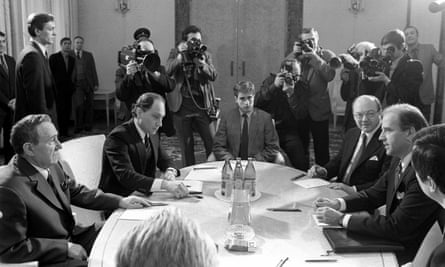 Joseph Biden (right) sits opposite Andrei Gromyko, chairman of the Supreme Soviet of the USSR, during negotiations in Moscow in 1988 to ratify the intermediate-range nuclear forces treaty.