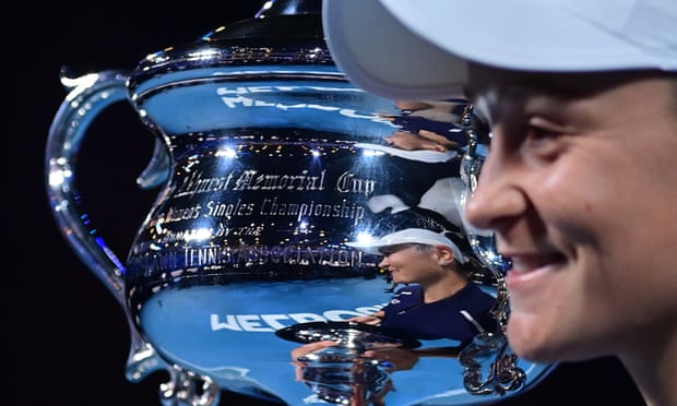 Ash Barty of Australia holds the Daphne Akhurst Memorial Cup after winning the women’s singles final at Rod Laver Arena.