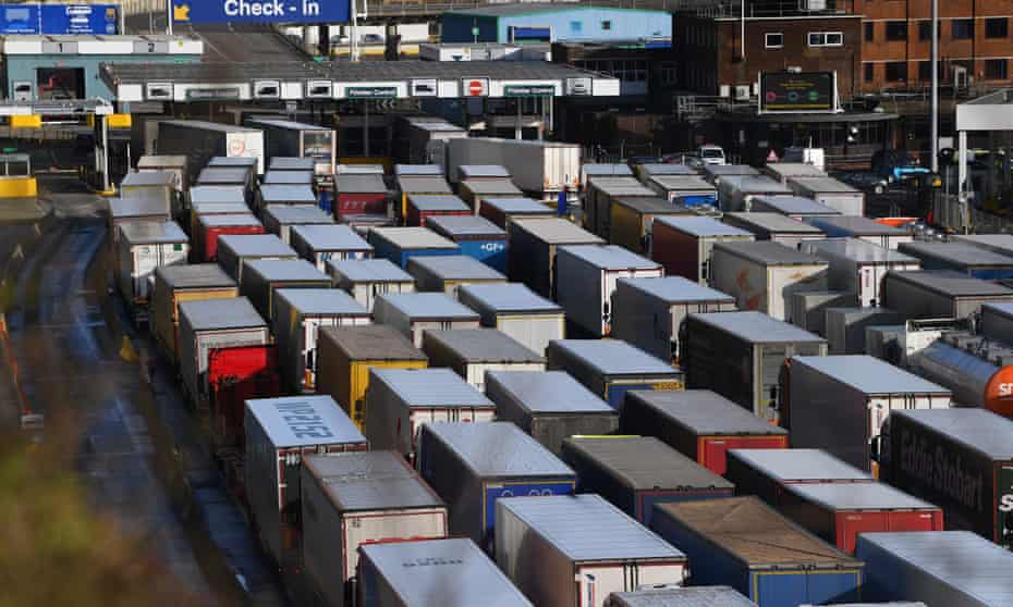 Cargo trucks in Dover heading to the EU.