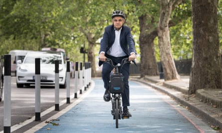 Sadiq Khan, mayor of London, on a new Streetspace cycle lane in London, July 2020