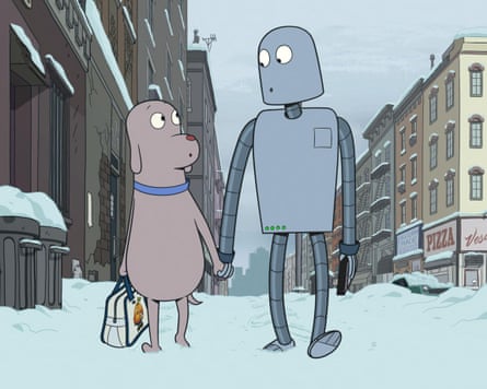 still of the dog and robot walking through a snowy street, hand in hand