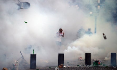 England fan in cloud of teargas in Marseille.