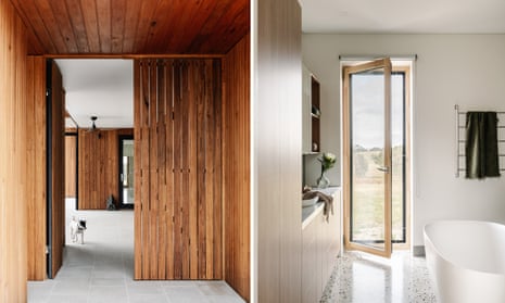 Two rooms in Huff’N’Puff Haus, a hallway and a bathroom.