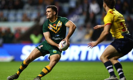 Nathan Cleary on the ball for Australia