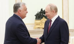 Vladimir Putin (right) greets Viktor Orbán at the Kremlin