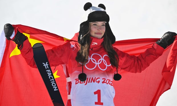 China’s Eileen Gu celebrates adding a second gold to her medal tally at the Beijing Winter Olympics