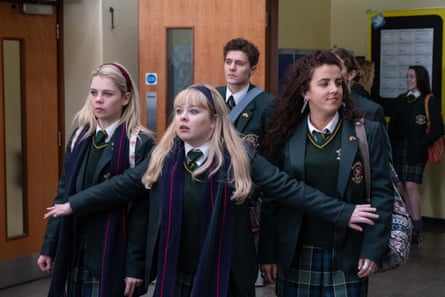 Derry Girls actors (from left) Erin Quinn (Saoirse Monica Jackson), Clare Devlin (Nicola Coughlan), James Maguire (Dylan Llewellyn) Orla McCool (Louisa Clare Harland), Michelle Mallon (Jamie-Lee O’Donnell)