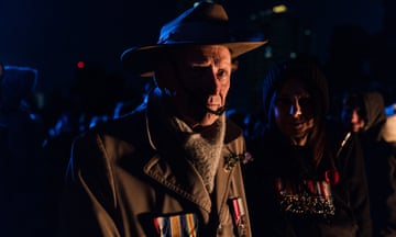 War Veteran John Murphy poses for a photograph at the Shrine of Remembrance during the dawn service on April 25, 2024, in Melbourne