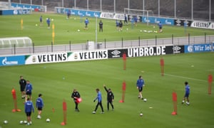 Schalke players training at a distance in Gelsenkirchen on 29 April, as the Bundesliga prepares for a possible resumption