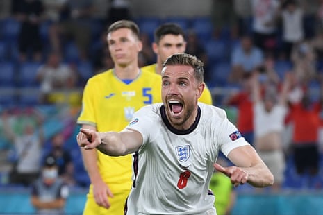 England’s midfielder Jordan Henderson celebrates scoring the team’s fourth goal