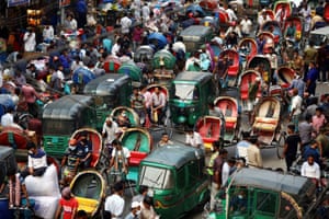 Dhaka, Bangladesh. Rickshaw riders in a traffic jam