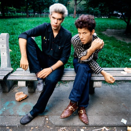Jim Jarmusch and Tom Waits sitting on a park bench.