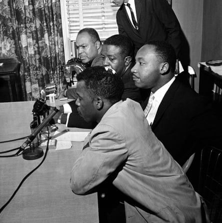 A news conference in Montgomery, Alabama, in 1961. In the foreground is John Lewis. Others, left to right: James Farmer, the Rev Ralph Abernathy and the Rev Dr Martin Luther King Jr.