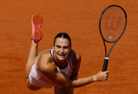 Aryna Sabalenka holds in the first game of the semi-final.