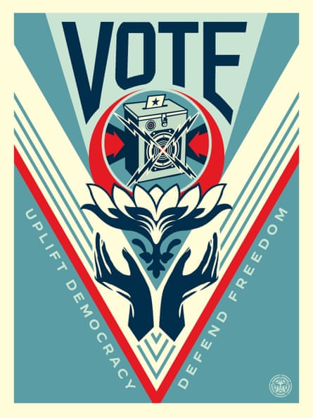 a print with the words vote and uplift democracy defend freedom