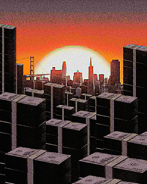 Illustration of San FranciscoâÂÂs skyline surrounded by towering stacks of money beneath an orange sky.