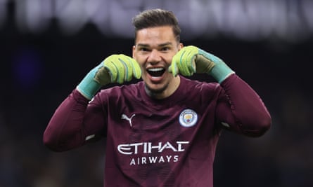 Ederson, the Manchester City goalkeeper, mocks the visiting supporters