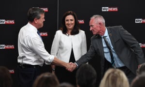 Queensland premier Annastacia Palaszczuk with LNP leader Tim Nicholls (left) and One Nation’s Steve Dickson at the debate in Brisbane.