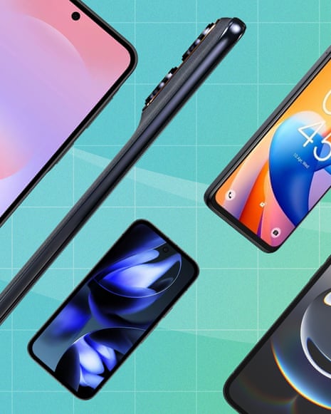 Five budget smartphones arranged diagonally against a teal background