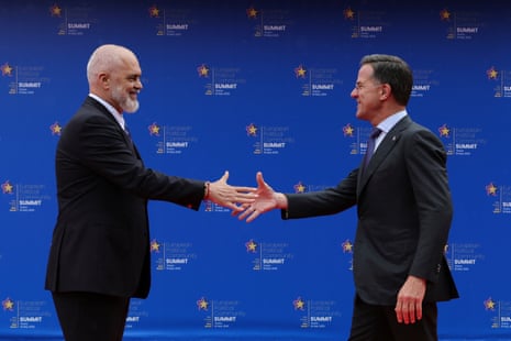Albanian prime minister Edi Rama, left, welcomes Nato secretary general Mark Rutte ahead of a summit where the leaders of 47 European countries and organizations will discuss security, defence and democratic standards against the backdrop of Russia's war on Ukraine, in Tirana, Albania.