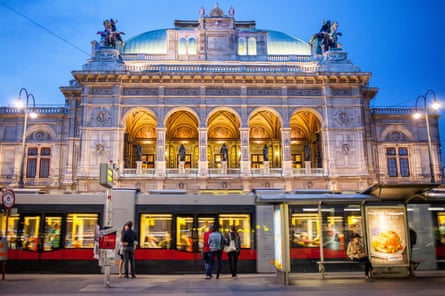 A outside tram at the Vienna state opera house.