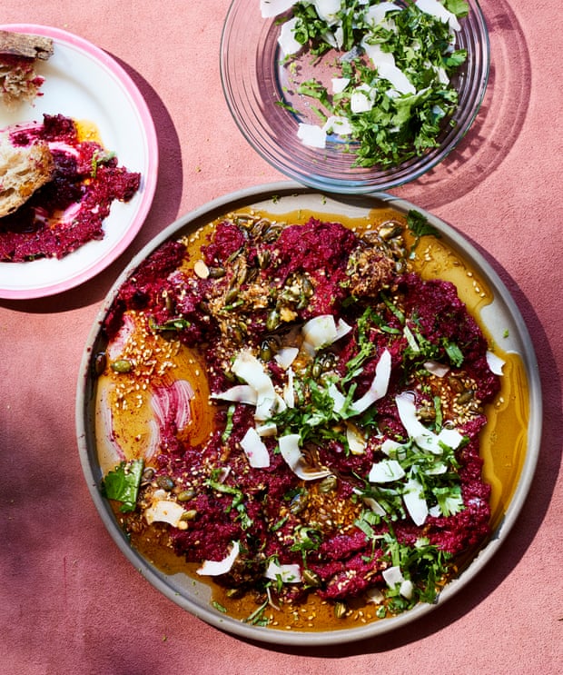 Yotam Ottolenghi’s beetroot and tahini dip with coconut salsa macha.