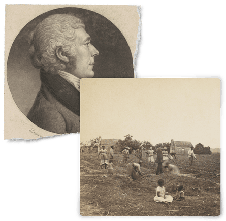 Portrait of Robert Heysham next to a picture of enslaved people in a cotton field