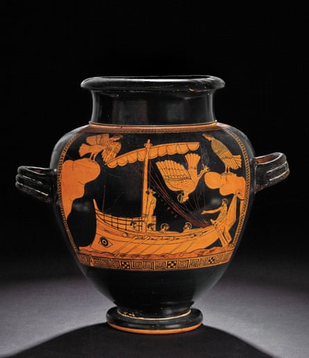 Red-figure jar, c480-470BC: Odysseus, strapped to the mast, sails past the Sirens. 