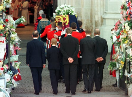 The coffin of Diana, Princess of Wales is carried into Westminster Abbey by the bearer party of Welsh Guardsmen for her funeral.