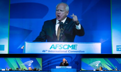 Politics tamfitronics Democratic vice presidential nominee Minnesota Gov. Tim Walz speaks at the American Federation of State, County and Municipal Employees (AFSCME) Convention in Los Angeles, Tuesday, 13 August.