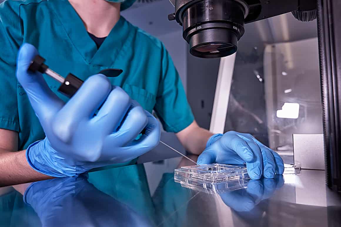 A person in a lab coat and gloves carries out an IVF process.