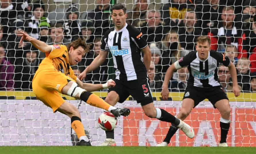 Joe Ironside wraps around a half-cleared ball on the turn to score the winning goal at St James’ Park.
