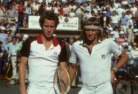 John McEnroe and Borg pose for a photograph on court before their finals match at the 1981 US Open Tennis Championships.