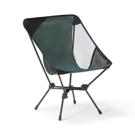 A dark green collapsible camping chair.